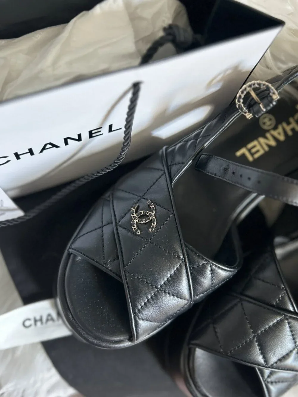 CHANEL Size 37.5 (7.5)  Lambskin Wedge Heel Sandals